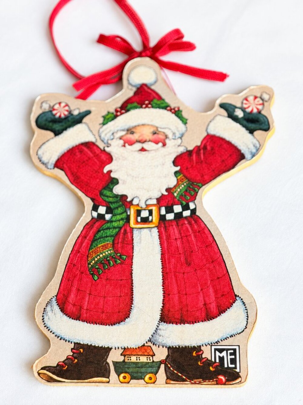 Vintage Mary Engelbreit Santa Double-Sided Wood Christmas Ornament